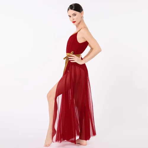 Vista 7 de ODASDO Lyrical Dance Costumes for Women Camisole Mesh Tulle Long Dress with Belt Adult Ballet Dancewear Competition Clothing