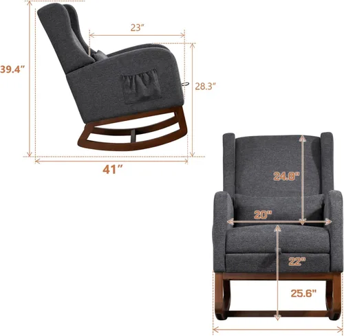 Vista 2 de Mecedora moderna para guardería, cómoda silla mecedora con reposapiés, sillón de lectura acentuado con almohada y bolsillo, mecedora tapizada