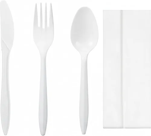Vista 3 de Uiifan 1 juego de cubiertos de plástico envueltos individualmente, cubiertos desechables a granel, tenedor, cuchara, servilleta kit para salón