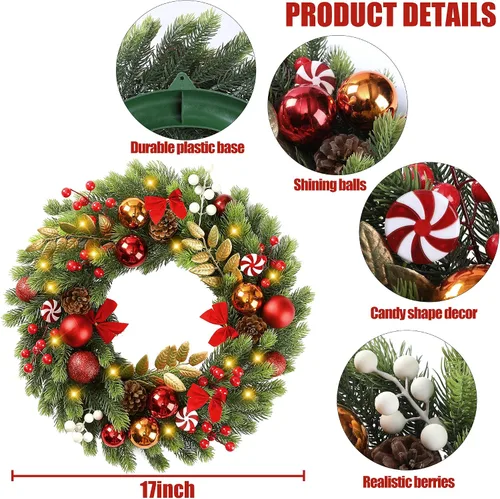 Vista 7 de Sggvecsy Corona de Navidad Artificial de 17 Pulgadas para Puerta Principal con 20 Luces LED Agujas de Pino Bolas de Navidad Bayas Rojas Blancas