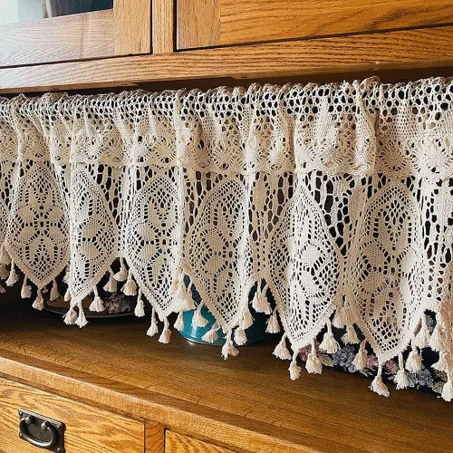 Vista 4 de Cenefa de cortina de ganchillo retro para ventana de cocina, cortinas bohemias para decoración de café, bolsillo para barra, cortinas cortas