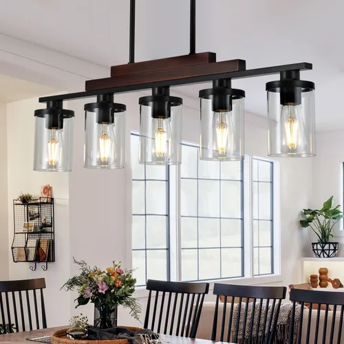 Vista 8 de Lámpara de Isla de Madera para Cocina/Restaurante, Accesorio de Comedor Estilo Granja de 3 Luces/Candelabro Sobre Mesa/Bar, Accesorios