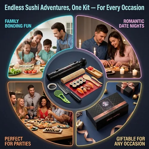Vista 17 de Kit de fabricación de sushi de mono albino con bazuca, tapete de bambú y curso de sushi gratis Cuchillo Pro Sashimi, molde Nigiri y 5 pares