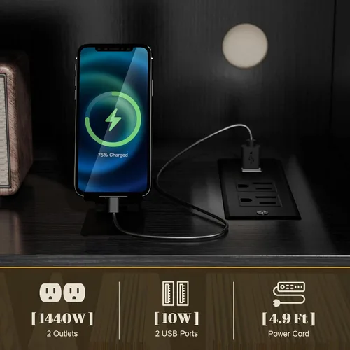 Vista 5 de Loomie Soporte grande para tocadiscos con toma de corriente y luz LED, gabinete de almacenamiento de discos de vinilo 350 con puerta magnética, mesa