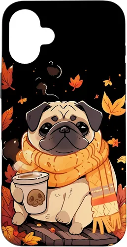 Vista 23 de Pug - Carcasa Kawaii para iPhone 17, diseño de hojas de otoño y calabaza