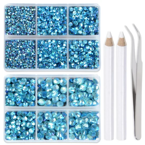 Vista 18 de LPBeads 6400 unidades de diamantes termoadhesivos de 12 colores con parte trasera plana, 5 tamaños mixtos, gemas de cristal redondas con pinzas