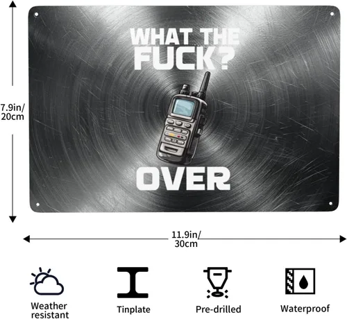 Vista 3 de Divertido walkie talkie - Radio de mano con texto en inglés "What The Fuck Over" de 8 x 12 pulgadas, letrero de metal retro para decoración de pared