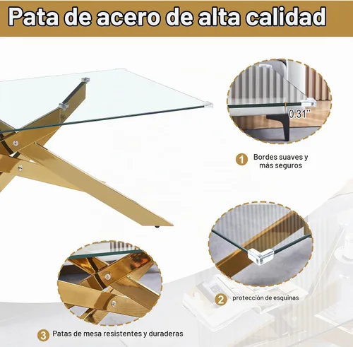 Vista 5 de Mesa de centro rectangular moderna de cristal, mesa central de vidrio templado y patas de metal chapado en oro para sala de estar, oficina en casa