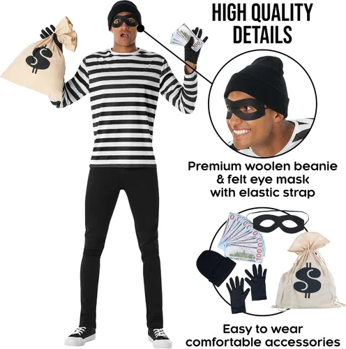 Vista 4 de Morph Disfraz de ladrón para adultos, disfraz de bandido, disfraz de policías y ladrones para hombre, disfraces de Halloween para hombres