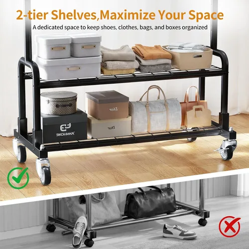 Vista 7 de Luxspire Perchero de ropa resistente, con carga de 600 libras, percheros con ruedas resistentes y estantes de 2 niveles, perchero ajustable