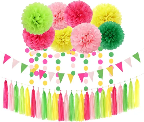 Vista 12 de Decoraciones de Fiesta de Halloween Negro-Morado Naranja Verde - 30 piezas Pompones de Papel Tissue, Serpentinas, Guirnalda de Borlas, Pancarta