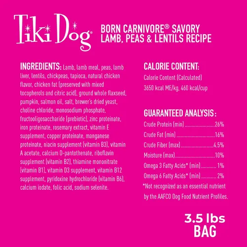 Vista 3 de Tiki Dog Born Carnivore Dog - Comida seca para perros - croquetas horneadas - Cordero - Bolsa de 3.5 libras