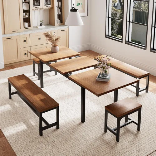 Vista 12 de Einhomn Juego de Mesa de Comedor de 5 Piezas para 4-6, Mesa de Cocina Extensible de 63" con 2 Bancos y 2 Taburetes, Estructura de Metal y Tablero