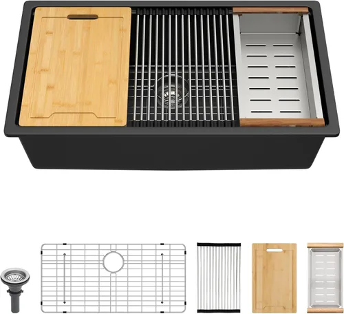 Vista 14 de Lordear Fregadero de Bar Empotrado de Granito Compuesto de 18 Pulgadas 18"x18" Fregaderos de Cocina de Cuarzo Compuesto Negro de Un Solo Tazón Bajo