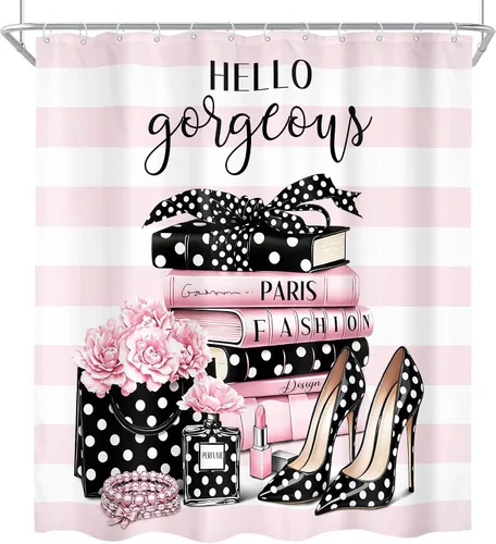 Vista 5 de Juego de cortina de ducha de baño de 4 piezas de perfume de libros de moda A1-rosa Negro Blanco