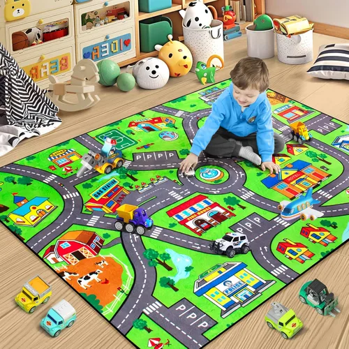 Vista 8 de Alfombra para niños, alfombra de carretera para niños con sistema combinado de tráfico urbano, alfombra de coche y alfombra de juego de aeropuerto