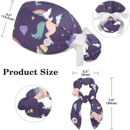 Vista 2 de Gorra de trabajo con banda para el sudor y botón, mito de unicornios arcoíris y nubes, gorras quirúrgicas ajustables para mujer