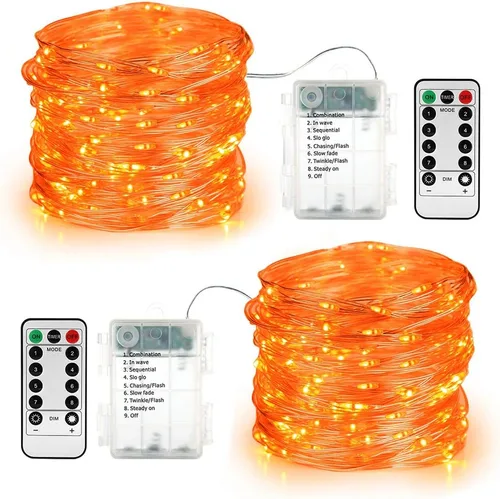 Vista 9 de BrizLabs Luces de hadas naranjas, paquete de 4 luces LED de Halloween de 19.47 pies, 60 luces LED naranjas de Halloween, 8 modos de batería, luz