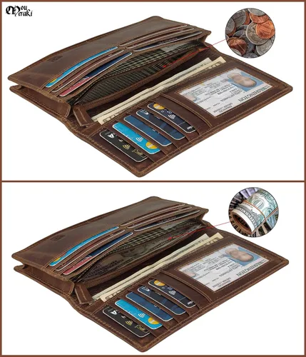 Vista 4 de Mou Meraki Cartera larga plegable de cuero genuino para hombre con bloqueo RFID