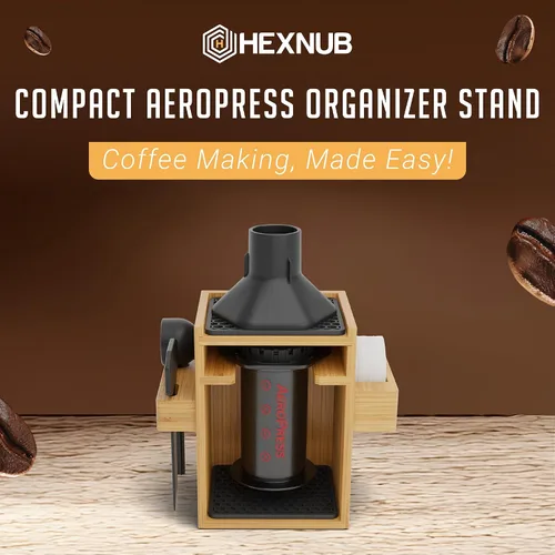Vista 2 de HEXNUB Soporte organizador compacto AeroPress, organizador de café de bambú para cafetera AeroPress, accesorios, filtros, tazas, incluye