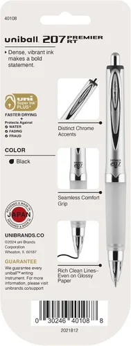 Vista 7 de Uni-Ball 207 Premier, pluma de gel retráctil, punta mediana (1.0mm), negra, 1 paquete Ultra-soft cushioned grip, nano fiber ink, uni Super Ink