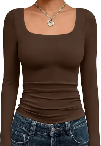 Vista 35 de Trendy Queen - Camisas ombligueras para mujer, manga larga, cuello cuadrado, básicas, para salir, de invierno, Y2K Albaricoque