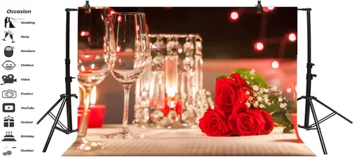 Vista 2 de Haoyiyi Telón de fondo romántico de aniversario de 7 x 5 pies con rosas rojas románticas, amor, champán, luz de velas, cena, fondo de fotografía