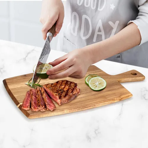 Vista 2 de La mejor tabla de cortar de madera de acacia con mango Tabla de charcutería de madera, tablas de cortar para pan, tablas de cortar carne, tabla