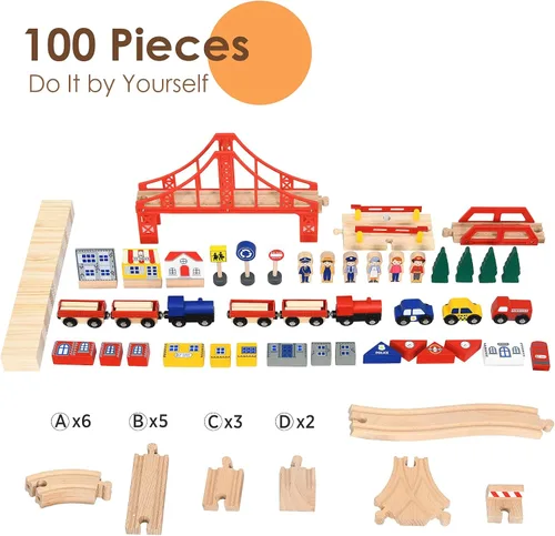 Vista 2 de HONEY JOY Mesa de tren, mesa de actividades de madera para niños con cajón de almacenamiento, 100 piezas multicolores, pistas, trenes, autos, juego