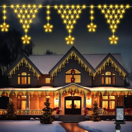 Vista 8 de luces de Navidad, 218 LED, 13.8 pies de luces de cortina de Navidad, decoraciones para balcones al aire libre con 12 gotas de estrellas
