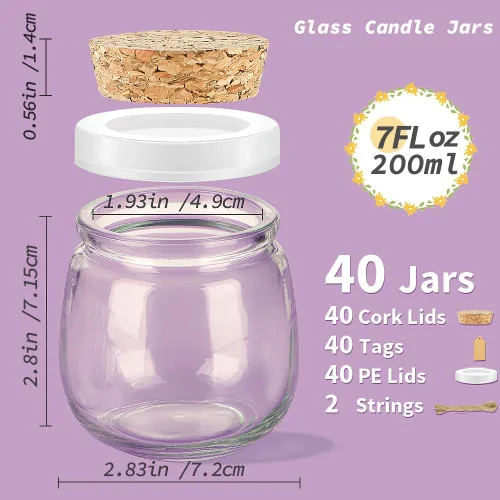 Vista 3 de Syntic Paquete de 40 tarros pequeños de vidrio con tapas de corcho, tarros de masón vacíos de 7 onzas para hacer velas, recipiente de yogur