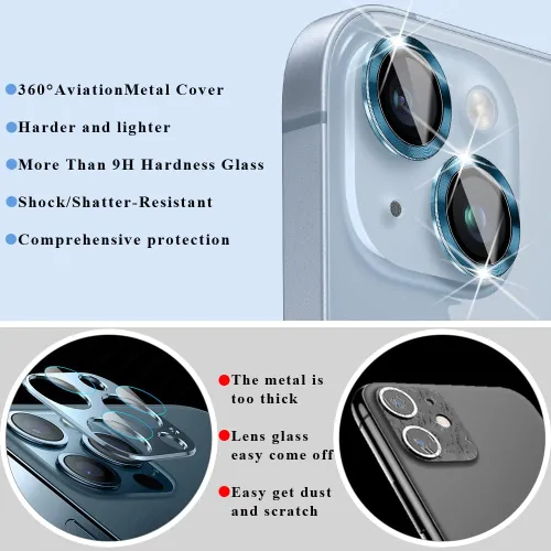 Vista 6 de Protector de lente de cámara de metal de aleación de alta calidad, protector de pantalla de vidrio templado compatible con iPhone 14 / Plus, ultra