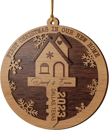 Vista 9 de V VIBEPY Adornos personalizados para casa nueva, adornos de Navidad para el hogar, adornos de madera de Navidad, 3.5 pulgadas, adornos de 3 capas