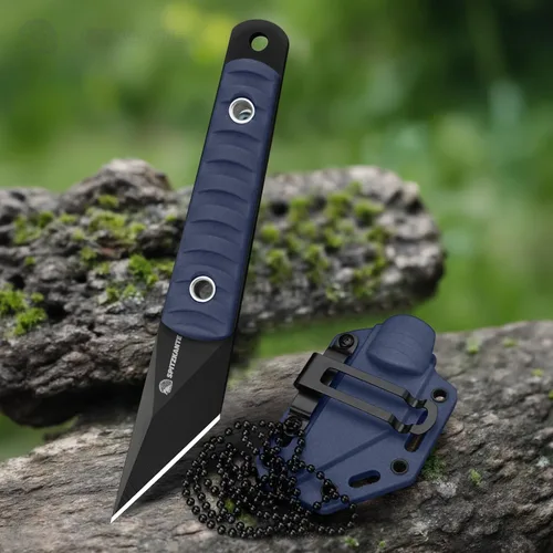 Vista 2 de Cuchillo de cuello compacto de 14.7 cm, pequeño cuchillo de hoja fija EDC Kiridashi con empuñadura de ABS azul, acero 5Cr14MoV, ideal para camping