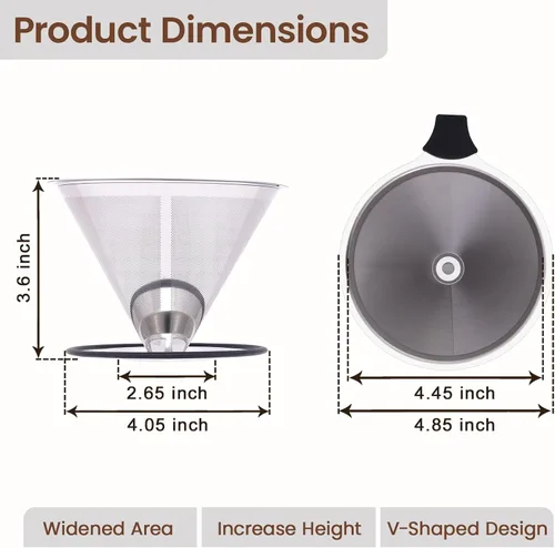 Vista 3 de 【2.0 mejorado】Gotero de café reutilizable de acero inoxidable con base antideslizante y asa, cafetera sin papel (plateado)