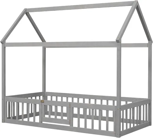 Vista 9 de Cama de casa individual para niños con barandillas de valla, marco de cama Montessori de madera tamaño individual con puerta pequeña para niños