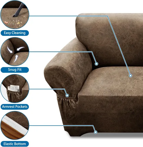 Vista 169 de Fundas para Sillón de 2 Piezas con Cojín en T, Fundas de Aspecto de Cuero para Sofá, Fundas para Sillas, Protector de Muebles Elástico, Funda