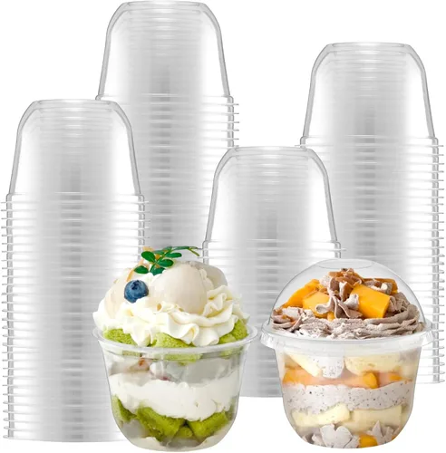 Vista 10 de Rainmae Paquete de 100 tazas de postre con tapas, vasos de plástico desechables apilables con tapas planas, tazas de helado de 10.1 fl oz/10 onzas