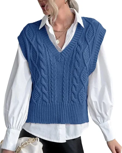 Vista 17 de Chaleco de suéter para mujer Lueluye V cuello sin mangas de punto sólido casual acanalado estilo preppy Beige