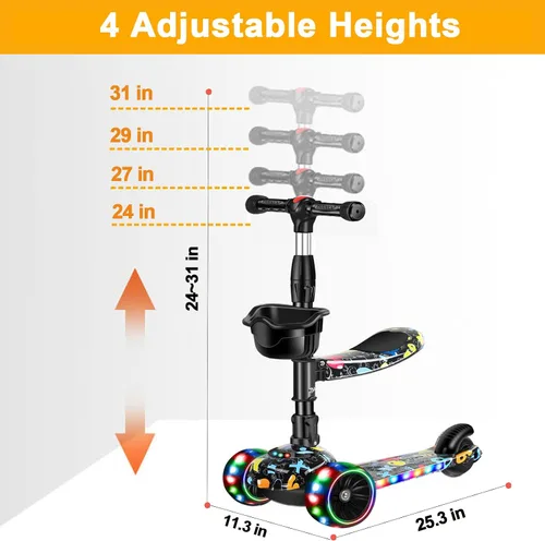 Vista 2 de Patinete 2 en 1 para niños de 3 a 8 años, altura ajustable, asiento extraíble, 3 ruedas de luz LED, actividades al aire libre para niños y niñas