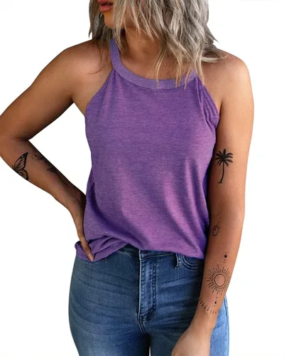Vista 15 de KINLONSAIR - Camisetas sin mangas de verano para mujer con cuello redondo, estilo halter, para entrenamiento, casual, de tirantes, básicas A16_salmón