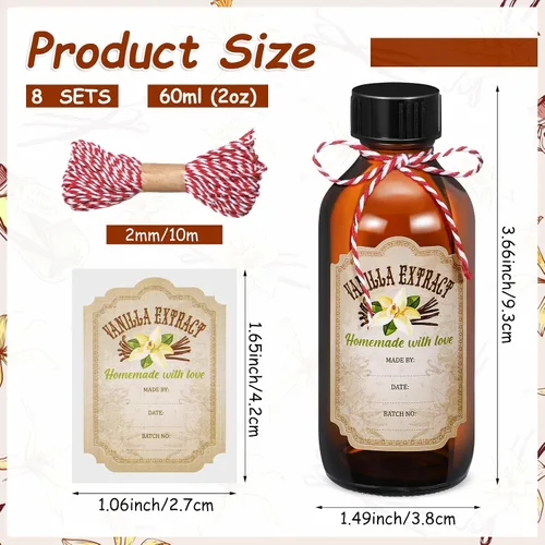 Vista 2 de Uiifan 8 Botellas de Extracto de Vainilla Boston Redondas con Tapas, Botella de Vidrio y 8 Etiquetas Adhesivas de Extracto de Vainilla para Jarabe