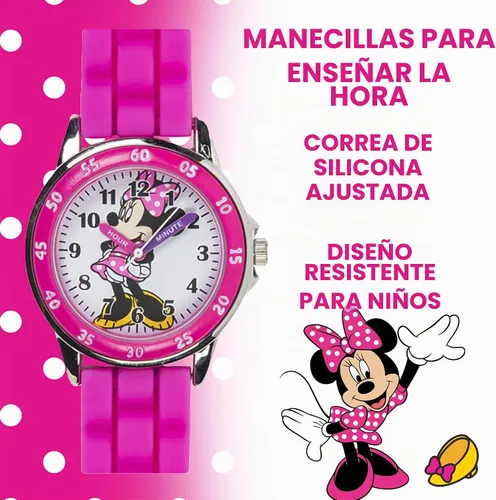 Vista 3 de Reloj Minnie Mouse Time Teacher para niñas - Reloj analógico de aprendizaje de la hora con números fáciles de leer y cómoda banda de silicona Rosa