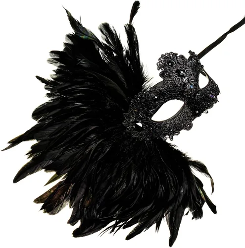 Vista 2 de Lujo Venecia Mujeres Carnaval Mascarada Máscara Veneciana con Pluma Lateral - Negro