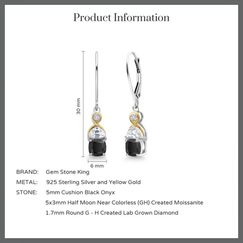 Vista 4 de Gem Stone King Aretes colgantes de plata 925 y oro amarillo de 10 quilates con ónix media luna moissanita creada y diamantes cultivados