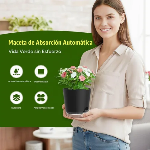 Vista 2 de Macetas de riego automático de 7 pulgadas, paquete de 6 macetas de plástico con agujeros de drenaje y platillos transparentes, macetas de plástico