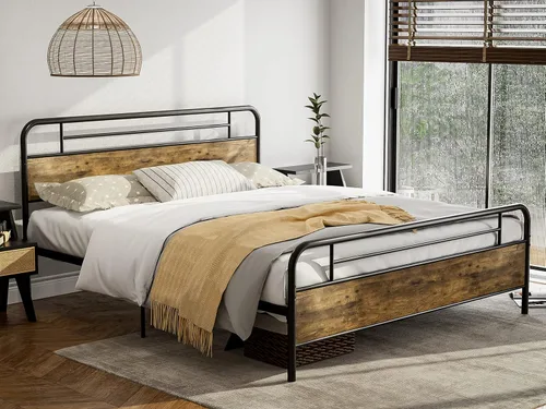 Vista 3 de IKIFLY Base de cama California King con cabecero de madera, cama de plataforma de metal California King, listones de acero resistente