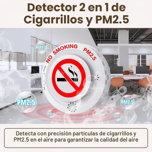 Vista 2 de Detector de Cigarrillos 2en1 con Control Remoto, Alarma Anti-Fumar y PM2.5 con Recordatorio de Voz, Control de Tabaco y Monitor Ambiental