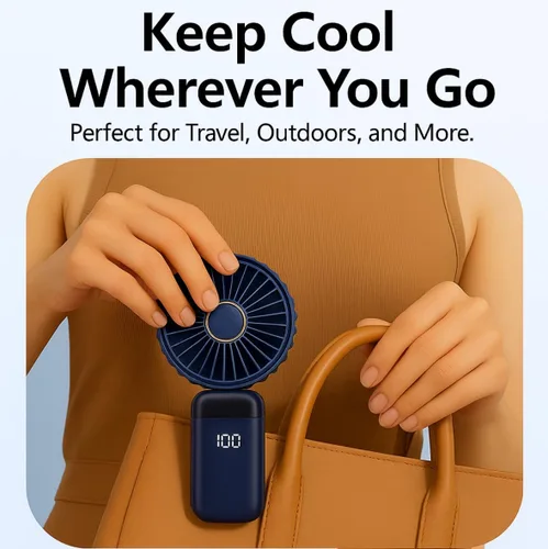 Vista 5 de Mini ventilador de mano con pantalla LED, mini dispositivo de refrigeración recargable USB con 5 velocidades, enfriador personal plegable