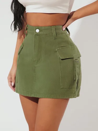 Vista 3 de WDIRARA Minifalda de mezclilla con botones y cintura alta para mujer con bolsillos